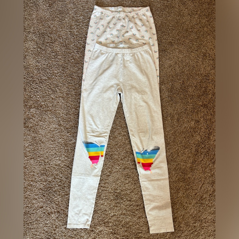 Girl’s Lot of 2 Gap Kids Leggings Beige with Rainbow Size 14-16